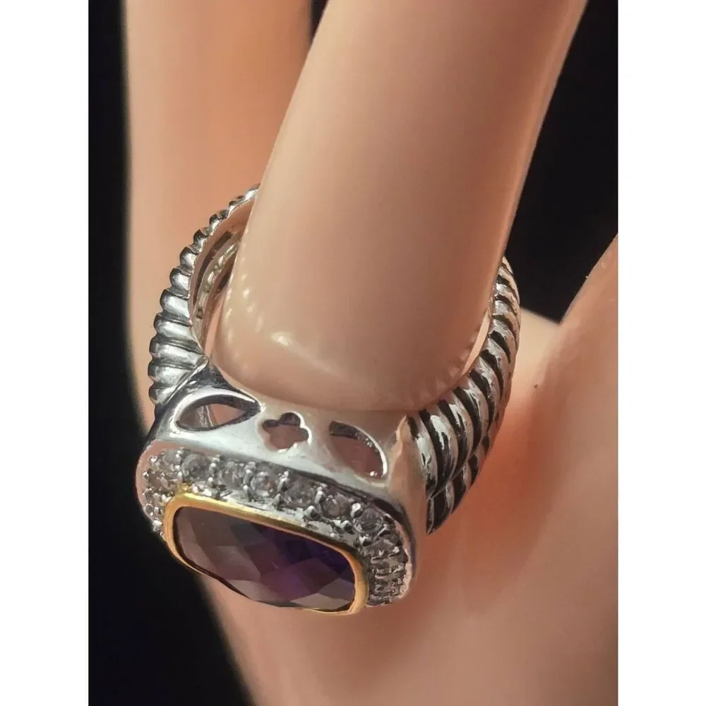 Women's Size 9 Purple Amethyst & White Crystal CZ Silver Tone Ring